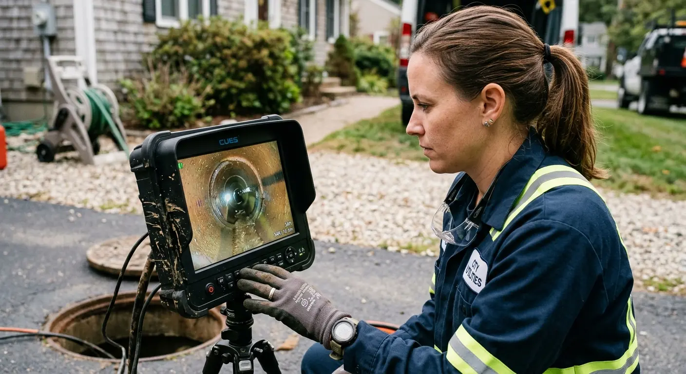 Technician reviewing sewer camera inspection footage in San Gabriel