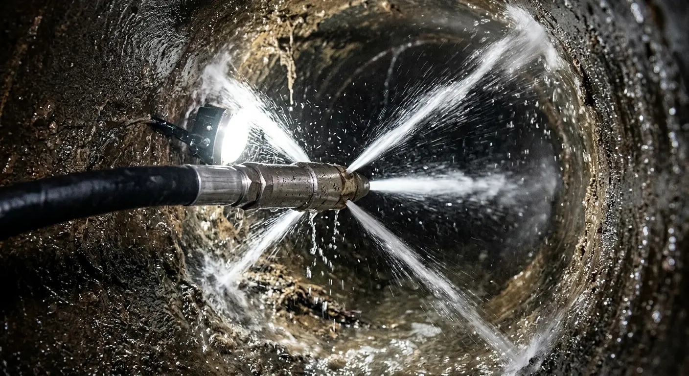 High-pressure hydro jetting nozzle cleaning sewer pipe for Storm Drain Cleaning in San Gabriel