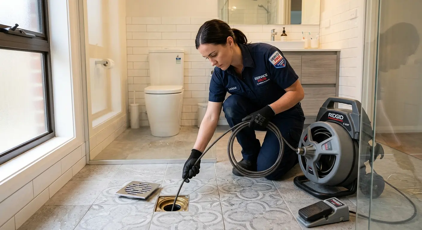 Technician clearing a bathroom floor drain for Sewer Line Replacement in San Gabriel